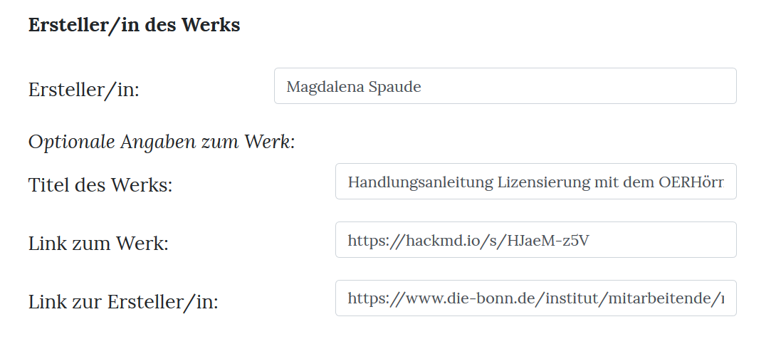 Der Screenshot zeigt die Bildschirmansicht zur Eingabe der Daten zum Werk.