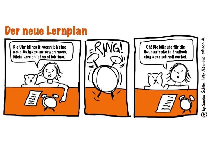 Ein Cartoon „Der neue Lernplan“ auf dem ein kleines Mädchen Hausaufgaben in Englisch macht und in nur einer Minute etwas lernen will.