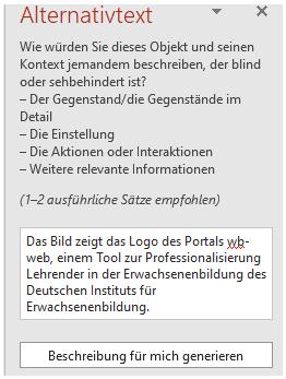 Der Screenshot zeigt eine Möglichkeit, einen Alternativtext einzugeben.
