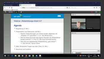 Ansicht des Webinars mit Agenda und Video des Moderators