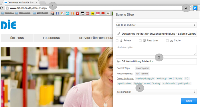 Toolbar bei Diigo: (1) Link, (2) Schlagwörter, (3) Gruppe, (4) Toolbar
