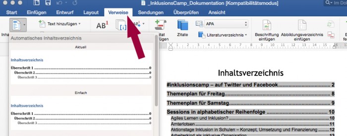 Über Verweise einfach Inhaltsverzeichnisse einfügen