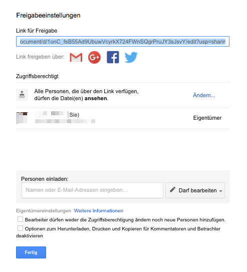 Screenshot der Linkfreigabe-Optionen in Google Docs