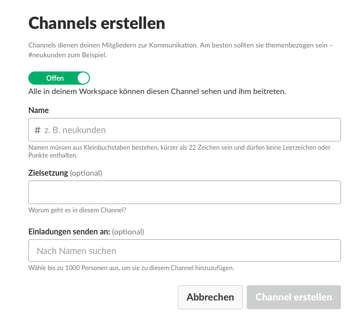 Screenshot Slack Anlage eines Channels