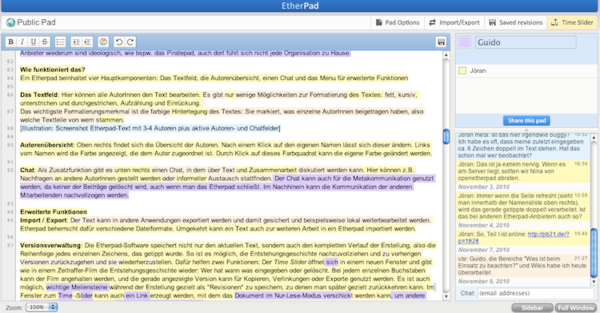 Screenshot eines Etherpads, das bereits vollgeschrieben ist. Es sind Textabschnitte in verschiedenen Farben zu sehen.