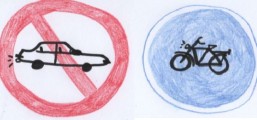 Das Bild zeigt das Piktogramm eines Verboten-Schildes mit einem Auto drauf und einem Erlaubt-Schild mit einem Fahrrad drauf.