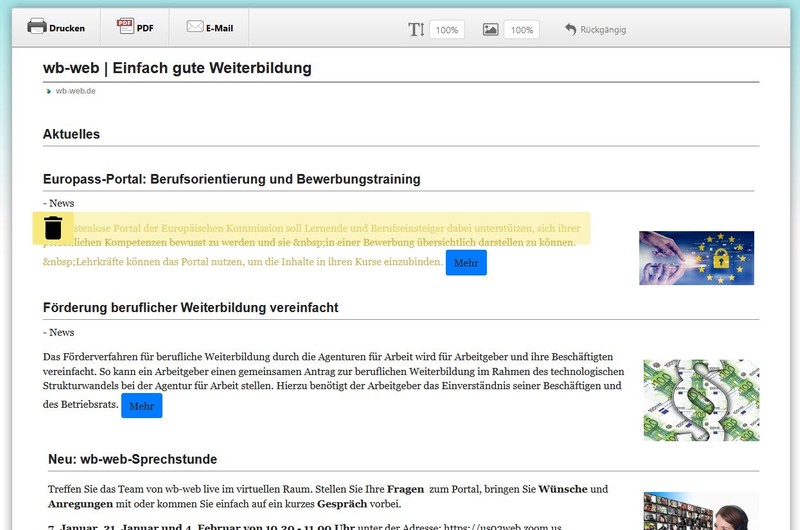 Das Bild zeigt die Darstellung der Website wb-web im PDF-Generator printfriendly.