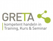 Das Bild zeigt das Logo des Projektes GRETA mit dem Untertitel "kompetent handeln in Training, Kurs & Seminar".