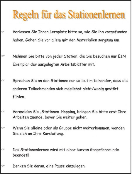 Eine Liste mit Regeln für das Stationenlernen 