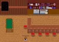 Das Bild zeigt einen Screenshot aus dem Interaktionstool gather.town. Eine Pixeldarstellung zeigt einen Barschrank, eine Theke mit Stühlen und ein Billiardtisch.