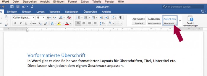 Screenshot: In Word Überschriften festlegen