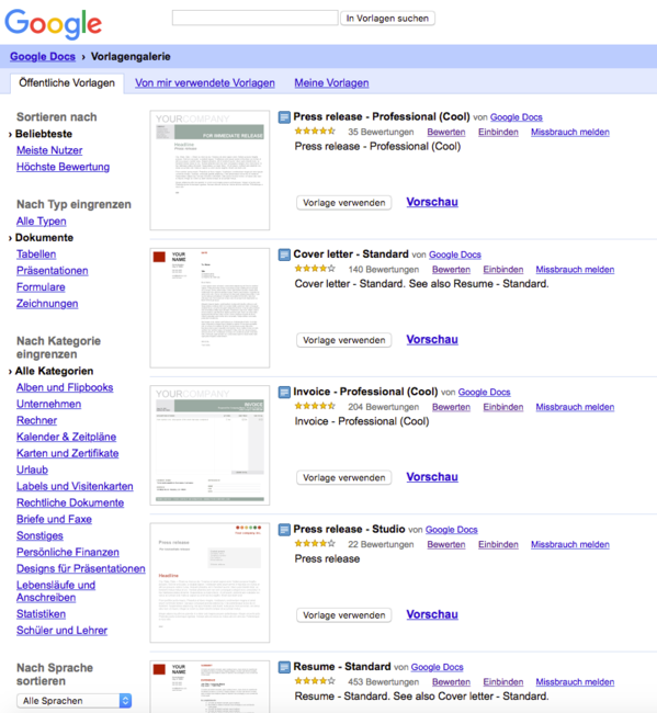 Screenshot der Vorlagensammlung von Google Docs