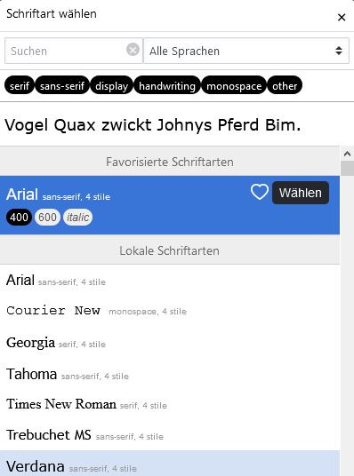 Das Bild zeigt die geöffnete Schriftauswahl.