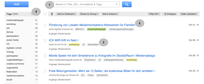 Screenshot Diigo in der gesamten Ansicht) (1) Suchfeld, (2) Link, (3) Schlagwörter, (4) Liste der Schlagwörter