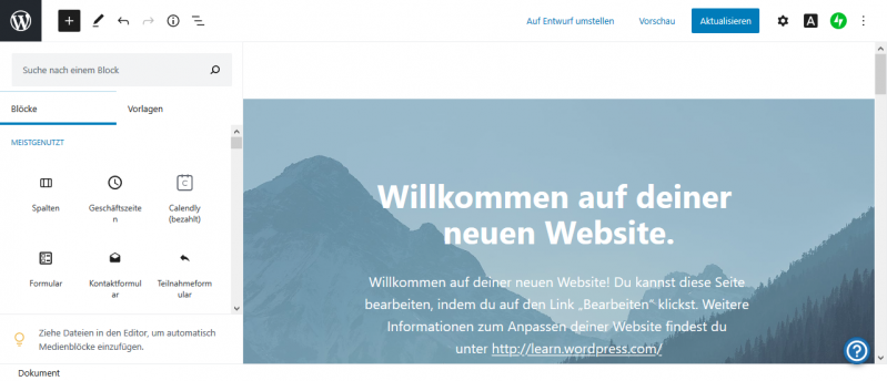 Das Bild zeigt einen Screenshot der Bearbeitungsebene des Redaktionssystems WordPress.