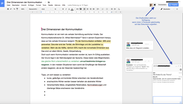 Screenshot der Chatfunktion in Google Docs