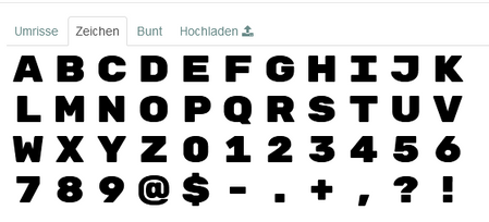 Das Bild zeigt die Auswahl einfarbiger Buchstaben und Ziffern zur Auswahl.