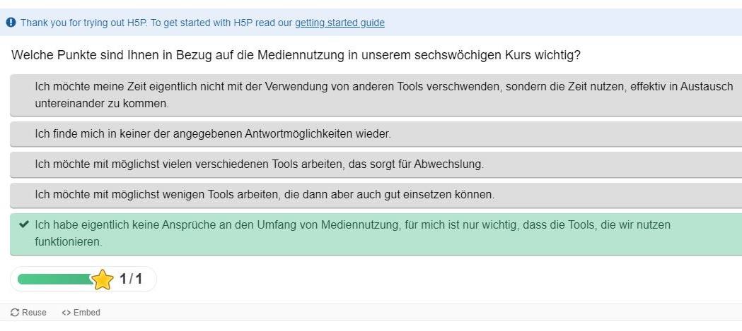 Das Bild zeigt ein Beispiel für eine Multiple Choice Frage bei H5P.