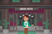 Das Bild zeigt eine Comicperson vor einem Gebäudeeingang, über dem ein Schild mit der Aufschrift "Green Hotel" prangt.