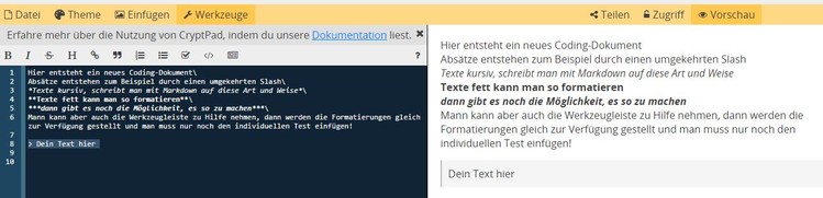 Das Bild zeigt einen Screenshot des Codingtools von CryptPad.