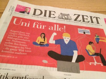 Foto der Titelseite der Zeitschrift "Die Zeit" mit Schriftzug "Uni für alle!"