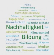 Das Bild zeigt ein Wordle zum Thema Nachhaltigkeit und Bildung.