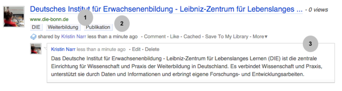 einzelner Bookmark bei Diigo] (1) Link, (2) Schlagwörter, (3) Beschreibung