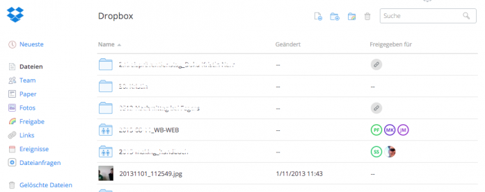 Screenshot Dropbox (Ansicht im Browser)