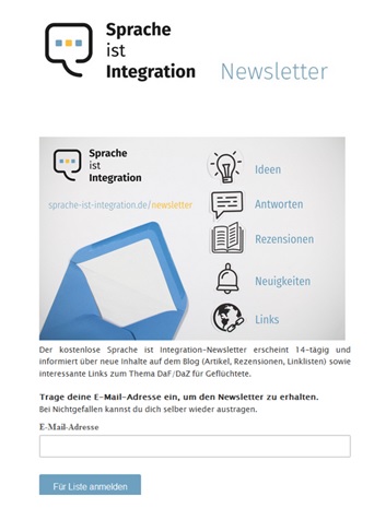 Das Bild ist der Link zur Anmeldung des Newsletters "Sprache ist Integration".