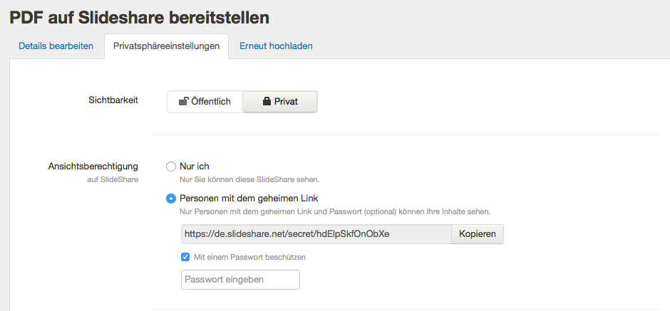 Screenshot der Privatsphäreeinstellungen für Veröffentlichungen bei Slideshare