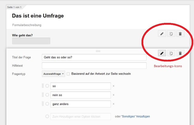 Der Screenshot zeigt die Elemente zur Bearbeitung der Umfrage.