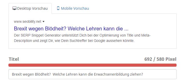 Mit einem Serp-Snippet-Tool Titel und Meta-Beschreibung optimieren.