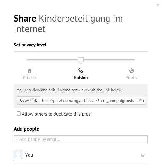 Screenshot einer Prezi Ansicht für Freigaben und Bearbeitungsrechte