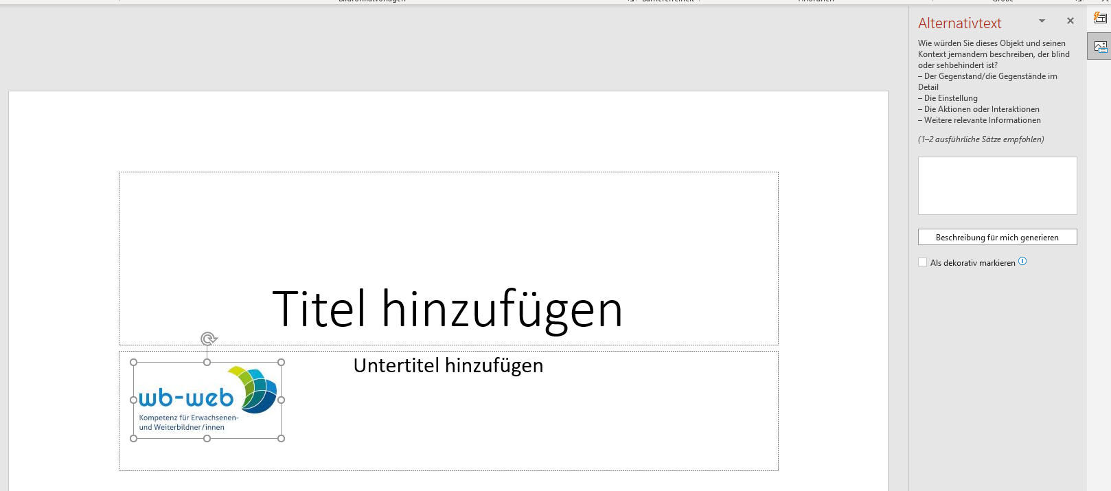 Im rechten Bildbereich sieht man die Möglichkeit, Alternativtexte einzugeben und ggf. auch als dekorativ zu markieren.