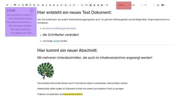 Das Bild zeigt einen Screenshot eines Rich-Text-Dokuments. Links oben ist der Inhaltsverzeichnisbereich lila gekennzeichnet und in der obersten Zeile ziemlich weit rechts sind die Formatierungsoptionen für Überschriften etc. rot gekennzeichnet.